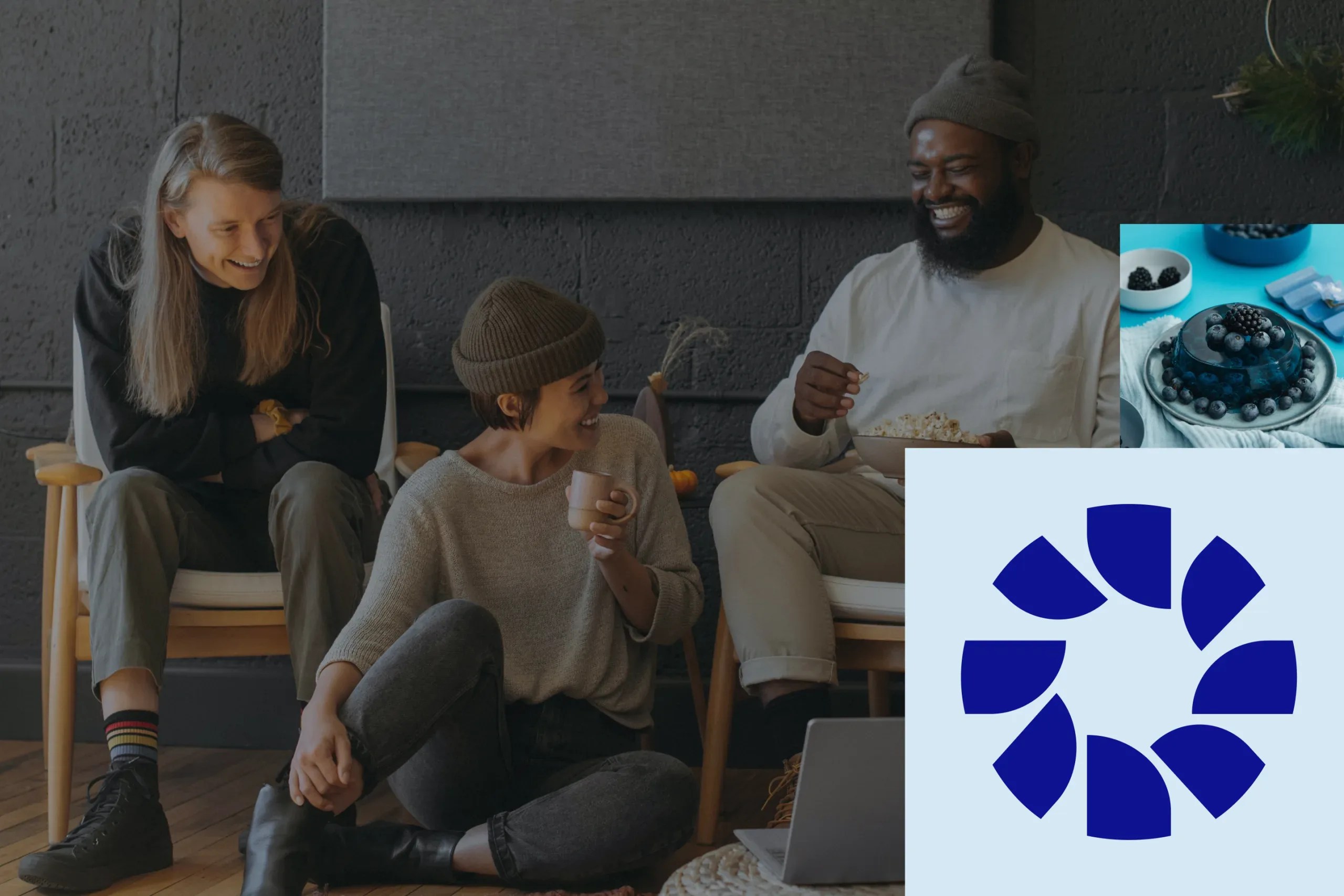 Homepage artwork with a group of colleagues sitting together.